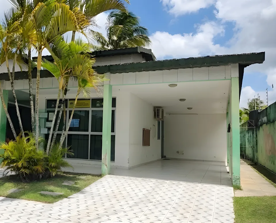 Jardim frontal com palmeiras, piso em ladrilho e garagem coberta ao lado da casa